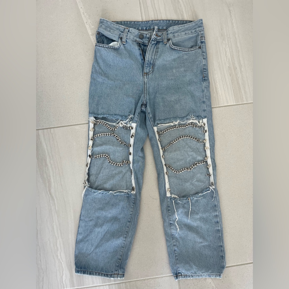 Carmar Light Blue Straight Leg Jeans with Chain Detail
